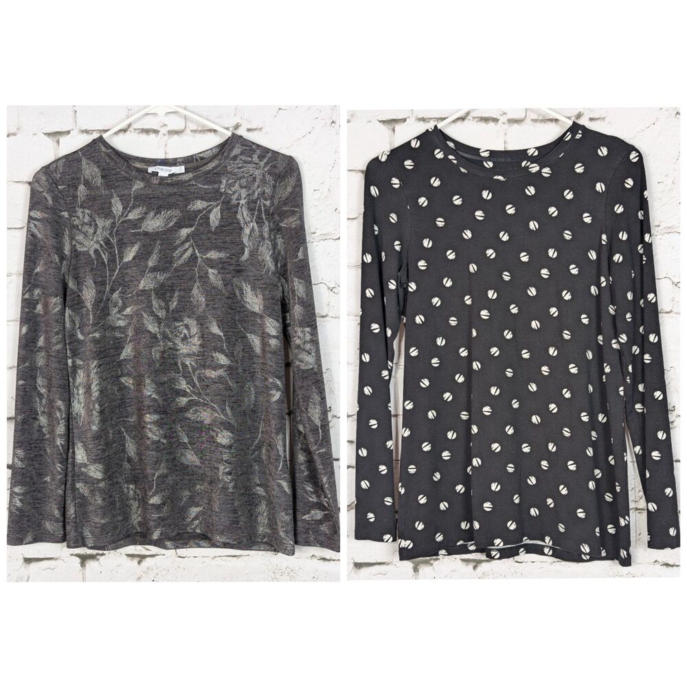 CHICO'S Lot of 2 Long Sleeve Tees Floral Polka Dot Black Gray Size 0 Small